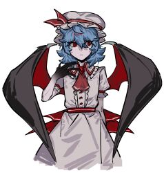  1girl arm_behind_back ascot back_bow bat_wings black_hands blue_hair bow brooch closed_mouth colored_extremities commentary hair_between_eyes hat hat_ribbon highres jewelry medium_hair mob_cap prmkq puffy_short_sleeves puffy_sleeves red_ascot red_bow red_eyes remilia_scarlet ribbon romaji_commentary shirt short_sleeves simple_background skirt skirt_set solo touhou white_background white_hat white_shirt white_skirt wings 