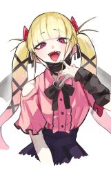  1girl bare_shoulders black_ribbon blonde_hair blush chernobog_(monster_strike) commentary_request demon_wings gradient_hair hair_ornament hand_on_own_face highres horns jirai_kei kuronyan9630 mask monster_strike mouth_mask multicolored_hair pink_hair pink_shirt red_eyes ribbon sharp_teeth shirt skirt solo teeth tongue twintails two-tone_hair upper_body wings 
