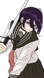  1girl black_choker black_sailor_collar blush chainsaw_man choker closed_mouth commentary green_eyes hair_between_eyes hair_bun hair_ornament hairclip highres kobarikei light_smile looking_at_viewer medium_hair neckerchief over_shoulder pleated_skirt purple_hair red_neckerchief reze_(chainsaw_man) sailor_collar school_uniform shirt skirt solo sword sword_over_shoulder updo upper_body weapon weapon_over_shoulder white_background white_shirt 