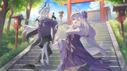  2girls bag black_gloves black_skirt blue_sky bow building clouds colored_skin commentary cosplay flower gloves grey_eyes grey_hair grey_skin hair_flower hair_ornament hair_rings hakama hakama_skirt hand_fan highres holding holding_bag holding_fan horns japanese_clothes lantern long_hair long_sleeves miko multiple_girls one_eye_closed original outdoors purple_bow purple_flower sandals skirt sky stairs tiptoes torii tree v v_over_eye violet_eyes wenz wide_sleeves 