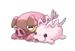 antennae brown_fur crossover digimon digimon_(creature) highres lechonk loyaldis no_humans pink_fur pokemon pokemon_(creature) simple_background tokomon tongue tongue_out two-tone_fur white_background 