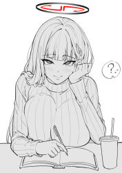  1girl ? absurdres black_halo blue_archive blush book breasts breasts_squeezed_together bright_pupils commentary cup drinking_straw greyscale halo hand_on_own_cheek hand_on_own_face handsfree_breast_squeeze highres holding holding_pencil large_breasts long_hair long_sleeves looking_at_viewer mechanical_pencil millennium_science_school_logo mixed-language_commentary monochrome notebook open_book pencil red_halo redcity_top21 ribbed_sweater rio_(blue_archive) simple_background smile speech_bubble spot_color sweatdrop sweater turtleneck turtleneck_sweater white_background white_pupils 