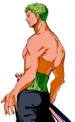  1boy back black_pants closed_mouth commentary cowboy_shot fura_mingo0130 green_hair haramaki highres male_focus one_piece pants roronoa_zoro short_hair simple_background solo sword topless_male weapon white_background 