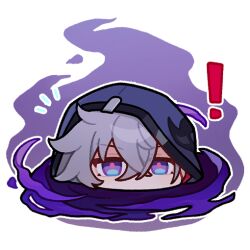  ! 1boy chibi chibi_only commentary english_commentary grey_hair honkai:_star_rail honkai_(series) hood hood_up hoodie moze_(honkai:_star_rail) official_art partially_submerged solo transparent_background violet_eyes 