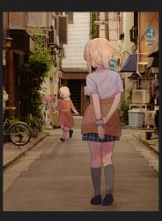  1other 2girls absurdres black_shoes blonde_hair blue_shirt blue_skirt brown_jacket child clothes_around_waist commentary_request dress from_behind grey_socks highres jacket jacket_around_waist love_live! love_live!_nijigasaki_high_school_idol_club medium_hair miyashita_ai multiple_girls nijigasaki_school_uniform orange_dress outdoors photo_background ponytail reaching reaching_towards_another road school_uniform scrunchie shirt shoes skirt socks street summer_uniform tata_(tataice) time_paradox wrist_scrunchie 