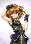  :d arm_up armpits blue_eyes brown_hair fingerless_gloves gloves hair_ornament highres lyrical_nanoha mahou_shoujo_lyrical_nanoha mahou_shoujo_lyrical_nanoha_strikers open_mouth roura smile solo yagami_hayate 
