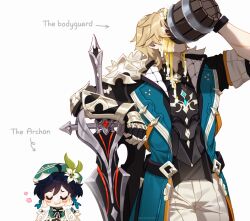  2boys :3 absurdres alcohol aqua_hair arm_rest arm_up armor arrow_(symbol) beer beer_mug blonde_hair blush braid breastplate chibi closed_eyes closed_mouth coat commentary covered_face cup drink drinking english_commentary english_text flower gauntlets genshin_impact hands_on_own_cheeks hands_on_own_face hat hat_flower height_difference highres kiamonoii male_focus medium_hair mug multicolored_hair multiple_boys open_clothes open_coat pants planted planted_sword raised_inner_eyebrows scar scar_on_arm shoulder_armor side_braids single_gauntlet smile spilling sword twin_braids two-tone_hair varka_(genshin_impact) venti_(genshin_impact) weapon wet_face wooden_cup 