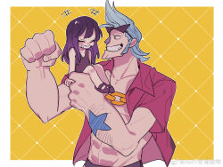  1boy 1girl abs amykem arm_hair arm_tattoo black_dress black_hair blue_eyes blue_hair border child chinese_commentary cleft_chin closed_eyes commentary_request dress franky_(one_piece) grin highres laughing long_hair long_sideburns looking_at_another mary_janes nico_robin one_piece open_clothes open_shirt red_shirt shirt shoes short_hair sideburns smile star_(symbol) star_tattoo sunglasses tattoo white_border 