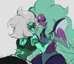 2girls alexandrite_(steven_universe) antenna0203 colored_skin extra_eyes fluffy_hair forehead_jewel gem gem_(steven_universe) green_eyes green_hair green_skin grin highres long_hair looking_at_viewer malachite_(steven_universe) multiple_girls nose_jewel pointy_nose purple_skin sketch smile steven_universe striped_skin teeth white_background white_hair 