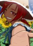  blush flower grin hair_ornament hairclip hat highres hino_akane jewelry necklace outstretched_hand ponytail precure red_eyes red_hair redhead shadow shinkuoh short_hair smile smile_precure! solo sunflower wink 