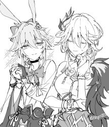  2girls animal_ears arm_support armlet artist_name asymmetrical_sleeves bishie_sparkle bow bowtie bracelet breasts chinese_clothes choker closed_eyes closed_mouth commentary_request dress earrings evanescia_(honkai:_star_rail) fingerless_gloves flower fox_ears fox_girl gloves greyscale hair_between_eyes hair_bow hair_flower hair_ornament hand_up hands_up highres hisyo152 honkai:_star_rail honkai_(series) jacket jewelry large_breasts long_hair long_sleeves looking_at_another low_ponytail monochrome multiple_girls necklace open_clothes open_jacket own_hands_together peacock_feathers_hair_ornament ponytail ribbon ring short_hair sidelocks simple_background single_bare_shoulder single_earring single_glove skirt sleeveless sleeveless_dress smile sparkle standing sweatdrop tassel tassel_earrings two-tone_dress wide_sleeves yao_guang_(honkai:_star_rail) 