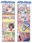  4koma 6+girls :&lt; :3 =_= alternate_costume ascot black_hair blonde_hair blue_eyes blue_hair blush bow bowl braid brown_eyes closed_eyes colonel_aki comic crescent detached_sleeves door flandre_scarlet flower food hair_bow hair_tubes hakurei_reimu hat hong_meiling izayoi_sakuya long_hair lying maid maid_headdress multiple_girls nurse nurse_cap open_mouth patchouli_knowledge purple_hair remilia_scarlet ribbon rope short_hair silver_hair smile steam tied_up touhou trembling twin_braids upside-down window windows wings 