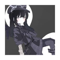  1girl ammunition_pouch arm_belt asymmetrical_gloves bandaged_arm bandaged_hand bandages black_choker black_coat black_dress black_gloves black_hair black_hat black_pantyhose black_ribbon border choker closed_mouth coat collared_dress dress etonayamann gloves goggles goggles_on_headwear grey_background grey_eyes gun hair_ornament hat highres kurobe_nanoka leg_belt long_hair looking_at_viewer mahou_shoujo_no_majo_saiban neck_ribbon pantyhose plaid_clothes plaid_dress pouch ribbon solo twintails weapon white_border 