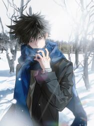  1boy absurdres awei23602 bare_tree black_coat black_hair blue_scarf chinese_commentary coat commentary_request day fushiguro_megumi green_eyes grey_shirt highres jujutsu_kaisen lens_flare long_sleeves male_focus outdoors scarf shirt short_hair snow snowing solo tree upper_body winter winter_clothes 