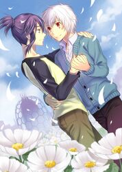  blue_hair brown_hair cardigan flower kanou multiple_boys nezumi_(no.6) no.6 petals red_eyes shion_(no.6) short_hair short_ponytail white_hair 