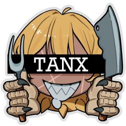  1girl bbizim03 blonde_hair character_name cleaver collar commentary dark-skinned_female dark_skin drooling english_commentary english_text fork grin head_only holding holding_cleaver holding_fork monster_girl personification scar sharp_teeth simple_background slay_the_spire slay_the_spire_2 smile solo spiked_collar spikes talons tanx_(slay_the_spire) teeth twintails white_background 