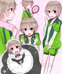  1boy bike_shorts bike_shorts_under_shorts black_dress blush bow bowtie closed_eyes commentary_request crossdressing crossdressing_(mtf) dress ganbaru_pose girly_boy green_jacket green_shorts grey_hair hair_between_eyes hand_up hands_up holding holding_tennis_racket jacket kneehighs layered_sleeves light_smile long_sleeves maid maid_headdress male_focus mame_(cocol123) multiple_views open_mouth profile racket red_bow red_bowtie short_hair short_over_long_sleeves short_shorts short_sleeves shorts sidelocks single_sleeve_past_wrist small_sweatdrop socks sparkle_background standing tennis_racket totsuka_saika towel towel_around_neck track_jacket trap v_arms violet_eyes white_socks yahari_ore_no_seishun_lovecome_wa_machigatteiru. 