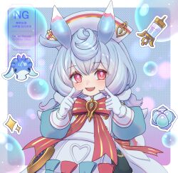  1girl absurdres blue_dress blue_hair border commentary_request dress eyelashes fingersmile genshin_impact gloves hair_between_eyes hat highres kuraha1601 long_hair long_sleeves looking_at_viewer low_twintails open_mouth puffy_sleeves red_eyes red_ribbon ribbon sigewinne_(genshin_impact) solo sparkle syringe twintails upper_body watermark white_border white_gloves white_hat 