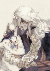  1boy az_(pokemon) black_eyes black_shirt braid closed_mouth commentary floette floette_(eternal) flower flower_in_braid flower_wreath hair_flower hair_ornament hair_over_one_eye hair_over_shoulder head_wreath highres holding holding_flower holding_own_hair jacket long_hair long_sleeves looking_down male_focus old old_man one_eye_covered orange_jacket patchwork_clothes pokemon pokemon_(creature) pokemon_legends:_z-a profile sepia shirt simple_background single_braid smile solo striped_clothes striped_jacket untranslatable_commentary upper_body vertical-striped_clothes vertical-striped_jacket very_long_hair white_background white_hair womega_(sigma) wrinkled_skin 