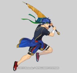  1boy bandaged_wrist bandages black_shirt black_shorts blue_jacket closed_mouth clothes_around_waist commentary_request fire_emblem fire_emblem:_path_of_radiance fire_emblem_heroes flag freestyle18 full_body green_headband headband holding holding_flag ike_(fire_emblem) ike_(full-tilt_merc)_(fire_emblem) jacket jacket_around_waist male_focus official_alternate_costume official_art shirt shoes short_hair shorts solo wristband 