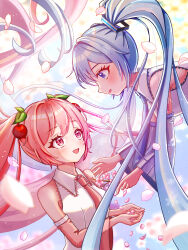  2girls absurdres blue_eyes blue_hair blue_necktie blue_trim blush cherry_blossoms cherry_hair_ornament collared_shirt commentary_request dual_persona falling_petals flower food-themed_hair_ornament hair_between_eyes hair_ornament hatsune_miku highres holding holding_flower long_sleeves looking_at_another maarin_(59567861) multiple_girls necktie open_mouth petals pink_eyes pink_flower pink_hair pink_necktie pink_petals pink_sleeves pink_trim sakura_miku shirt sleeveless sleeveless_shirt smile upper_body vocaloid white_shirt wide_sleeves yuki_miku yuki_miku_(2010) 