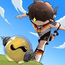  2026_fifa_world_cup 2boys artist_name black_hair black_shoes black_shorts blue_sky clouds deformed enigma_(reverse:1999) ferrofluid fishbowl_helmet flashing_eyes german_national_soccer_team_uniform grass hayde_ink kicking leg_up multiple_boys no_mouth outstretched_arms playing_sports reverse:1999 shaded_face shirt shoes short_hair shorts sky soccer soccer_uniform socks sportswear spread_arms sweat ulrich_(reverse:1999) white_shirt white_socks world_cup 
