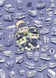  3girls aoba_(blue_archive) blonde_hair blue_archive blush chiitara_(ghay3h) closed_eyes commentary_request demon_tail gloves green_hair halo hat highres hikari_(blue_archive) long_hair long_sleeves looking_at_viewer low_twintails multiple_girls newsboy_cap nozomi_(blue_archive) open_mouth orange_halo pantyhose pointy_ears posing tail train twintails white_pantyhose yellow_eyes 