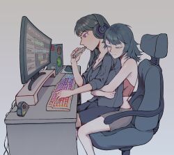  2girls bang_dream! bang_dream!_it's_mygo!!!!! black_hair black_shirt black_shorts blue_eyes chair commentary_request computer_keyboard computer_mouse drink_pouch falcorusti gaming_chair grey_background grey_skirt highres hug hug_from_behind korean_commentary long_hair mole mole_under_eye monitor multiple_girls red_tube_top shiina_taki shirt shorts simple_background skirt speaker strapless swivel_chair tube_top violet_eyes yahata_umiri yuri 
