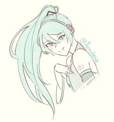 1girl alternate_hairstyle aqua_eyes aqua_hair aqua_necktie archived_source arm_tattoo arrodeia bare_shoulders blush closed_mouth commentary commission english_commentary eyelashes hair_between_eyes hand_on_own_chest hatsune_miku headset high_ponytail ko-fi_commission long_hair looking_at_viewer necktie number_tattoo ponytail simple_background smile solo split_mouth tattoo twitter_username undercut vocaloid white_background 