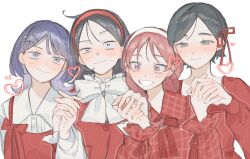  4girls ahoge black_hair blush bow bowtie braid colored_inner_hair commentary_request dress dress_over_shirt fujii_ayame futsuu_no_keion-bu girl_sandwich grin hair_ornament hair_ribbon hairband hairclip half-closed_eye hatono_chihiro heart heartbreak_(futsuu_no_keion-bu) highres holding_hands jacket kouyama_rin lineup long_sleeves medium_hair middle_part mole mole_under_eye multicolored_hair multiple_girls official_alternate_costume pink_eyes plaid_clothes plaid_dress puffy_long_sleeves puffy_sleeves purple_hair red_bow red_bowtie red_dress red_hair red_hairband red_jacket red_ribbon ribbon sakihara_anko sandwiched shirt short_hair sleeve_ribbon small_sweatdrop smile twin_braids uchida_momo uneven_eyes violet_eyes white_bow white_bowtie white_hairband white_shirt wolf_cut 