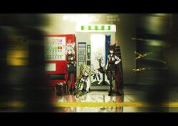  3d_background 4girls absurdres ahoge animal_ear_fluff animal_ears anti-materiel_rifle armband arms_behind_back assault_rifle bag barrett_m82 benelli_m3 black_hair black_sailor_collar black_skirt blonde_hair blue_archive blue_eyes blue_halo boots brown_hair caution_tape commentary fox_ears fox_girl fox_platoon_(blue_archive) gloves green_eyes green_halo gun h&amp;k_hk416 h&amp;k_ump halo hand_on_own_hip highres implied_extra_ears indoors knee_pads kurumi_(blue_archive) letterboxed long_hair long_sleeves looking_at_viewer mixed_media motion_blur multiple_girls munikomamu neckerchief niko_(blue_archive) on_floor on_stool otogi_(blue_archive) pantyhose photo_booth pink_hair red_armband red_eyes red_halo red_neckerchief reflection rifle sailor_collar sailor_shirt school_bag school_uniform serafuku shirt short_hair shotgun sitting skirt sniper_rifle standing stool submachine_gun subway_station tactical_school_uniform tactile_paving throat_microphone two_side_up vending_machine weapon white_shirt yukino_(blue_archive) 