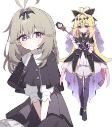 1girl absurdres ahoge blonde_hair boots closed_mouth commentary_request cure_arcana_shadow grey_hair hagoonha hair_between_eyes highres long_hair magical_girl meitantei_precure! moria_luluka pink_eyes precure simple_background tear_arcana_rod thigh_boots thighs violet_eyes white_background 