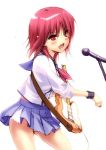  1girl angel_beats! blush flying_sweatdrops guitar instrument iwasawa microphone microphone_stand open_mouth pink_hair red_eyes redhead school_uniform serafuku short_hair singing sleeves_rolled_up solo sweat zen 