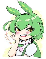  +++ 1girl abeyakinn blush bow bowtie commentary_request green_hair hand_on_own_cheek hand_on_own_face highres laughing long_hair looking_at_viewer low_ponytail open_mouth pea_pod pink_bow pink_bowtie ponytail raised_inner_eyebrows shirt simple_background smile solo suspenders upper_body voiceroid voicevox white_background white_shirt yellow_eyes zundamon 