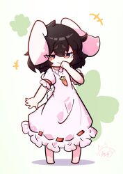  +++ 1girl :3 absurdres animal_ears artist_logo barefoot black_hair blush_stickers bright_pupils carrot_necklace closed_mouth clover commentary_request dress eyes_visible_through_hair floppy_ears four-leaf_clover full_body gakubutiudonn449 hair_between_eyes hand_to_own_mouth hand_up highres inaba_tewi jewelry jitome logo long_dress looking_at_viewer medium_hair necklace no_nose open_hand pendant pigeon-toed pink_dress puffy_short_sleeves puffy_sleeves rabbit_ears rabbit_girl rabbit_tail raised_inner_eyebrows red_eyes ribbon-trimmed_dress ribbon_trim short_sleeves simple_background smile smug solo sparkling_eyes standing tail thick_eyebrows touhou white_background 