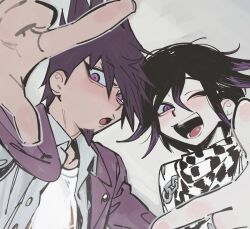  2boys absurdres aegyo_sal black_hair blush buttons checkered_clothes checkered_scarf commentary commission danganronpa_(series) danganronpa_v3:_killing_harmony embarrassed english_commentary facial_hair flipped_hair foreshortening goatee hair_between_eyes happy highres jacket long_sleeves looking_at_viewer male_focus miri_(bossu_osu) momota_kaito multiple_boys muted_colors oma_kokichi one_eye_closed open_mouth pale_skin purple_facial_hair purple_hair scarf shirt short_hair simple_background smile spiky_hair teeth two-tone_scarf upper_body violet_eyes 