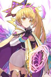  1girl belt blonde_hair commentary_request elbow_gloves fire gloves halo highres jacket kuronyan9630 looking_at_viewer magic_circle metatron_(monster_stirke) monster_strike orange_eyes purple_belt purple_fire purple_thighhighs purple_wings side_ponytail skirt solo thigh-highs white_background wings 