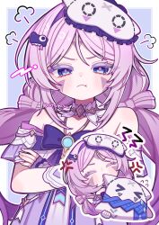  1girl :t absurdres annoyed biting blue_background blue_bow blue_bowtie blue_eyes border bow bowtie chibi chibi_inset citlali_(genshin_impact) citlali_(whispers_of_stars_and_smoke)_(genshin_impact) citlalin_(genshin_impact) closed_mouth collar commentary_request crossed_arms detached_collar facial_mark genshin_impact hair_ornament half-closed_eyes highres long_hair looking_at_viewer mask mask_on_head nightgown official_alternate_costume pillow_bite pink_hair pink_pupils pout sidelocks simple_background sleep_mask sleepwear tenchan_080515 triangle triangle_facial_mark twintails twitter_username white_border white_collar white_nightgown 