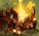  commentary creature friends highres huge_filesize luxray nature no_humans on_back paw_pose pink_eyes plant pokemon pokemon_(creature) purplekecleon red_sclera signature sky tree_stump umbreon yellow_eyes 