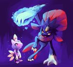  action alternate_color arm_support arm_up claws commentary creature fang full_body height_difference highres ice looking_at_viewer looking_up no_humans pokemon pokemon_(creature) purplekecleon red_eyes shiny_pokemon signature sneasel weavile 