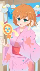  1girl :d alternate_costume chimecho commentary green_eyes hand_up happy highres japanese_clothes kimono kocha_(jgug7553) long_sleeves looking_at_viewer misty_(pokemon) open_mouth orange_hair pokemon red_sash rotom rotom_(fan) sash short_hair smile teeth upper_teeth_only 