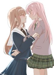 2girls bang_dream! bang_dream!_it's_mygo!!!!! blue_shirt blue_skirt breasts chihaya_anon chinese_commentary closed_eyes commentary_request couple green_skirt grey_eyes grey_jacket grey_neckerchief highres imminent_kiss jacket long_hair mrwule multiple_girls nagasaki_soyo neckerchief open_mouth pink_hair pleated_skirt shirt sidelocks skirt yuri 