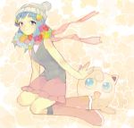  1girl beanie blue_eyes blue_hair drawr flower hat hikari_(pokemon) jigglypuff niko-min-i pokemon pokemon_(creature) pokemon_(game) pokemon_dppt scarf skirt 