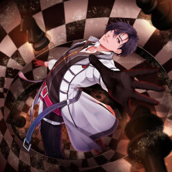  1boy absurdres artist_name belt black_gloves black_hair black_pants chess_piece coat coat_lift collared_shirt commentary_request double-parted_bangs eiyuu_densetsu front_zipper gloves hair_between_eyes highres knight_(chess) long_coat long_sleeves looking_at_viewer male_focus maskyarts open_clothes open_coat open_hand outstretched_arm pants parted_lips pink_belt reaching reaching_towards_viewer rean_schwarzer sen_no_kiseki_(series) sen_no_kiseki_iii shirt short_hair smile solo too_many too_many_belts upper_body violet_eyes watermark white_coat zipper_pull_tab 