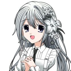  1girl 2000s_(style) bang_dream! bang_dream!_our_notes black_necktie blush commentary_request desleben0923 dress faux_retro_artstyle flower hair_flower hair_ornament korean_commentary long_hair long_sleeves looking_at_viewer necktie open_mouth shiomi_hotaru shirt simple_background smile solo violet_eyes white_background white_dress white_hair white_shirt 