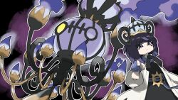  1girl belt belt_buckle black_background black_dress blacknirrow blunt_bangs bob_cut buckle chandelure closed_mouth coat commentary dress english_commentary eyelashes gwynn_(pokemon) hat highres long_sleeves looking_at_viewer medium_hair mega_chandelure o-ring o-ring_belt open_clothes open_coat outline pointing pointing_at_viewer pokemon pokemon_(creature) pokemon_legends:_z-a purple_background purple_hair solo two-tone_background violet_eyes white_coat white_outline 