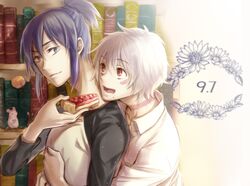  blue_hair brown_hair food food_on_face hug hug_from_behind kanou multiple_boys nezumi_(no.6) no.6 pie raglan_sleeves red_eyes shion_(no.6) short_hair short_ponytail white_hair 