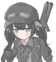  1girl black_choker black_coat black_dress black_gloves black_hair black_hat black_ribbon choker closed_mouth coat collared_dress commentary_request dress gloves goggles goggles_on_headwear grey_eyes gun hair_ornament hat hoihoitono kurobe_nanoka long_hair mahou_shoujo_no_majo_saiban neck_ribbon plaid_clothes plaid_dress ribbon simple_background solo twintails weapon white_background 