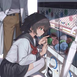  1boy 1girl belt black_hair black_sailor_collar black_skirt brown_pants closed_umbrella commentary_request gashapon green_eyes hand_in_pocket highres lab_coat light_particles naruto_maki_(naruto05) neckerchief okabe_rintarou pants pointing profile red_neckerchief sailor_collar school_uniform science_adventure serafuku shiina_mayuri shirt skirt solo_focus squatting steins;gate thigh-highs umbrella white_shirt white_thighhighs 