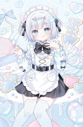  1girl :3 :q ahoge animal_ears animal_print apron belt black_belt black_bow black_bowtie black_ribbon black_skirt blue_background blue_eyes blue_hair blue_jacket blue_theme blunt_bangs blurry blush bow bowtie breasts buckle cat_ears cat_girl cat_print closed_mouth commentary_request commission depth_of_field feet_out_of_frame fish_hair_ornament fork frilled_apron frilled_sleeves frills hair_ornament hair_ribbon hands_up heart heart-shaped_buckle heart_hair_ornament highres holding holding_fork huge_ahoge jacket jersey_maid knees_together_feet_apart long_sleeves looking_at_viewer maid maid_apron maid_headdress medium_hair miniskirt original outstretched_hand paw_print pleated_skirt print_thighhighs puffy_long_sleeves puffy_sleeves ribbon sakura_aki simple_background sitting skeb_commission skirt sleeve_bow smile soap_bubbles solo split_mouth striped_clothes striped_jacket thigh-highs tongue tongue_out two_side_up unconventional_maid white_apron white_bow white_thighhighs zettai_ryouiki 